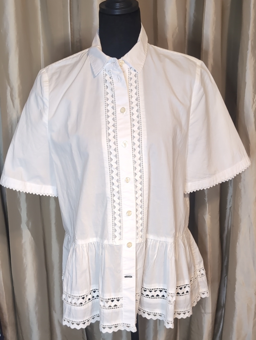 kate spade White Lace-Trim Button Down Peplum Blouse